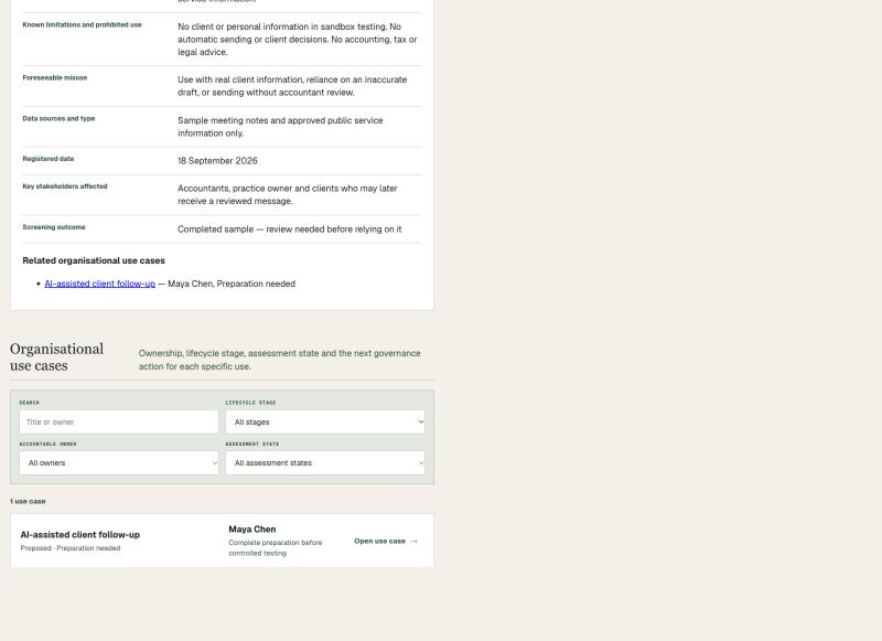 AI Register showing a system connected to an organisational use case