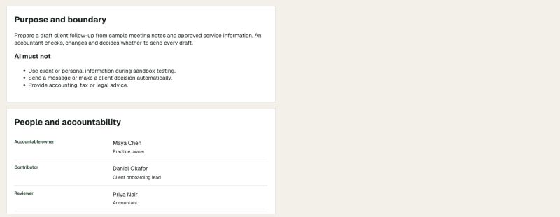 AI use case record with status, owner, review and next action