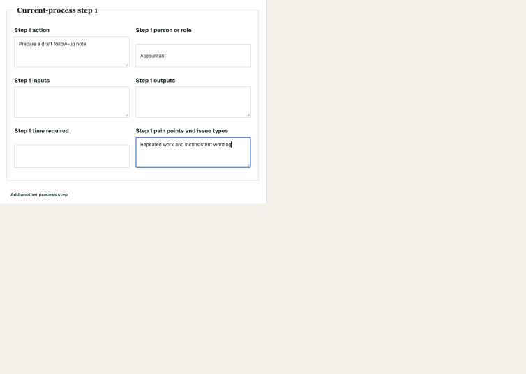 Business process mapping form with ordered steps