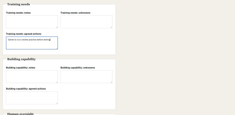 Team readiness result with actions and owners