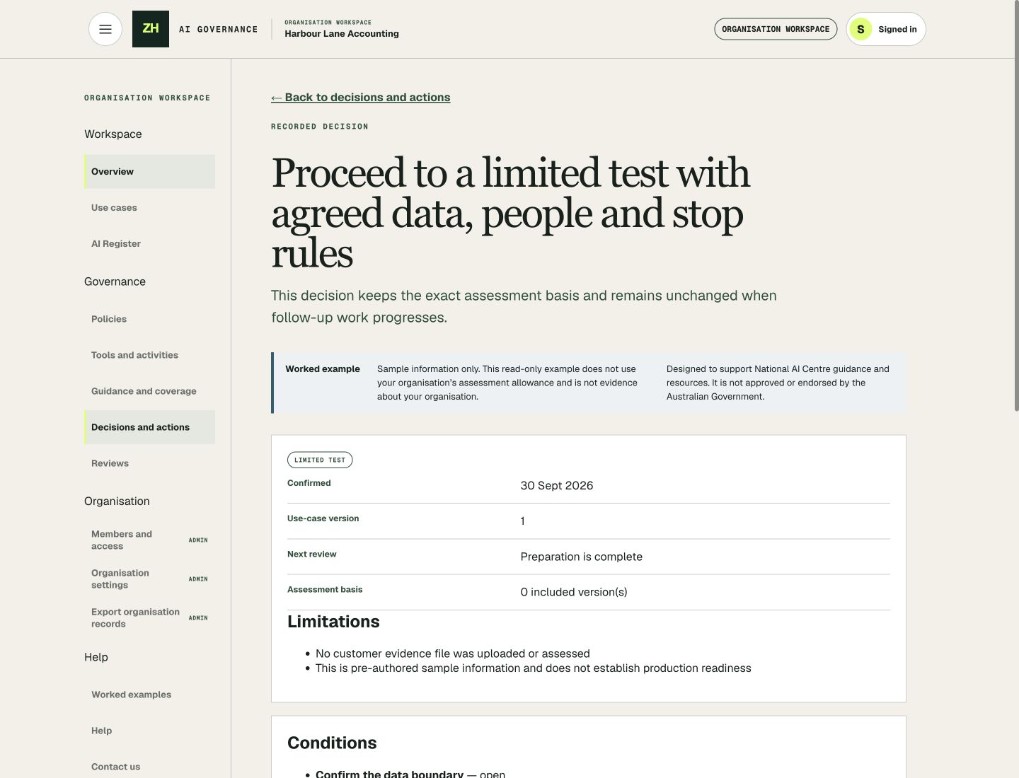 Decision with conditions for limited testing