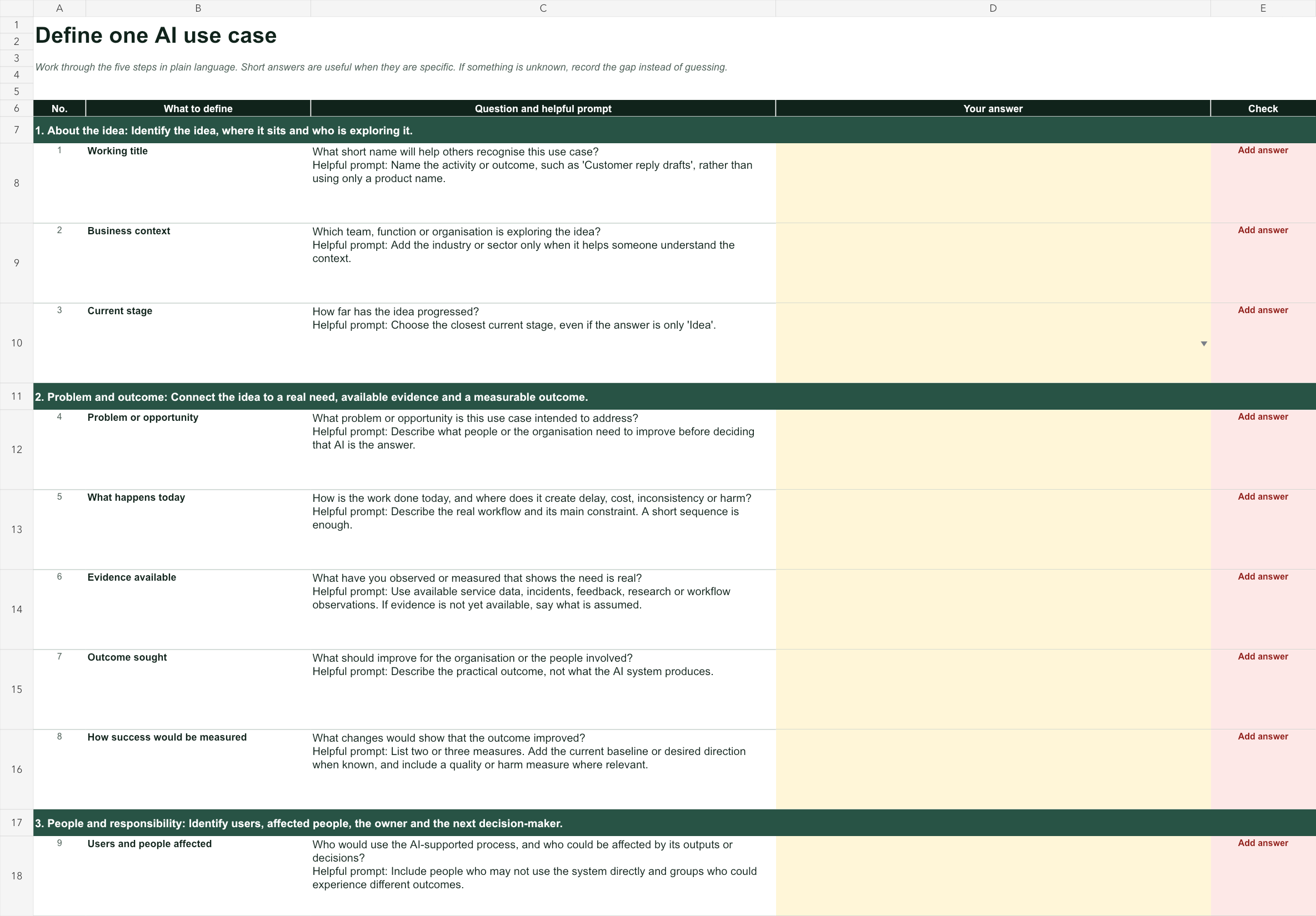 Guided AI use-case definition questions with editable answer cells