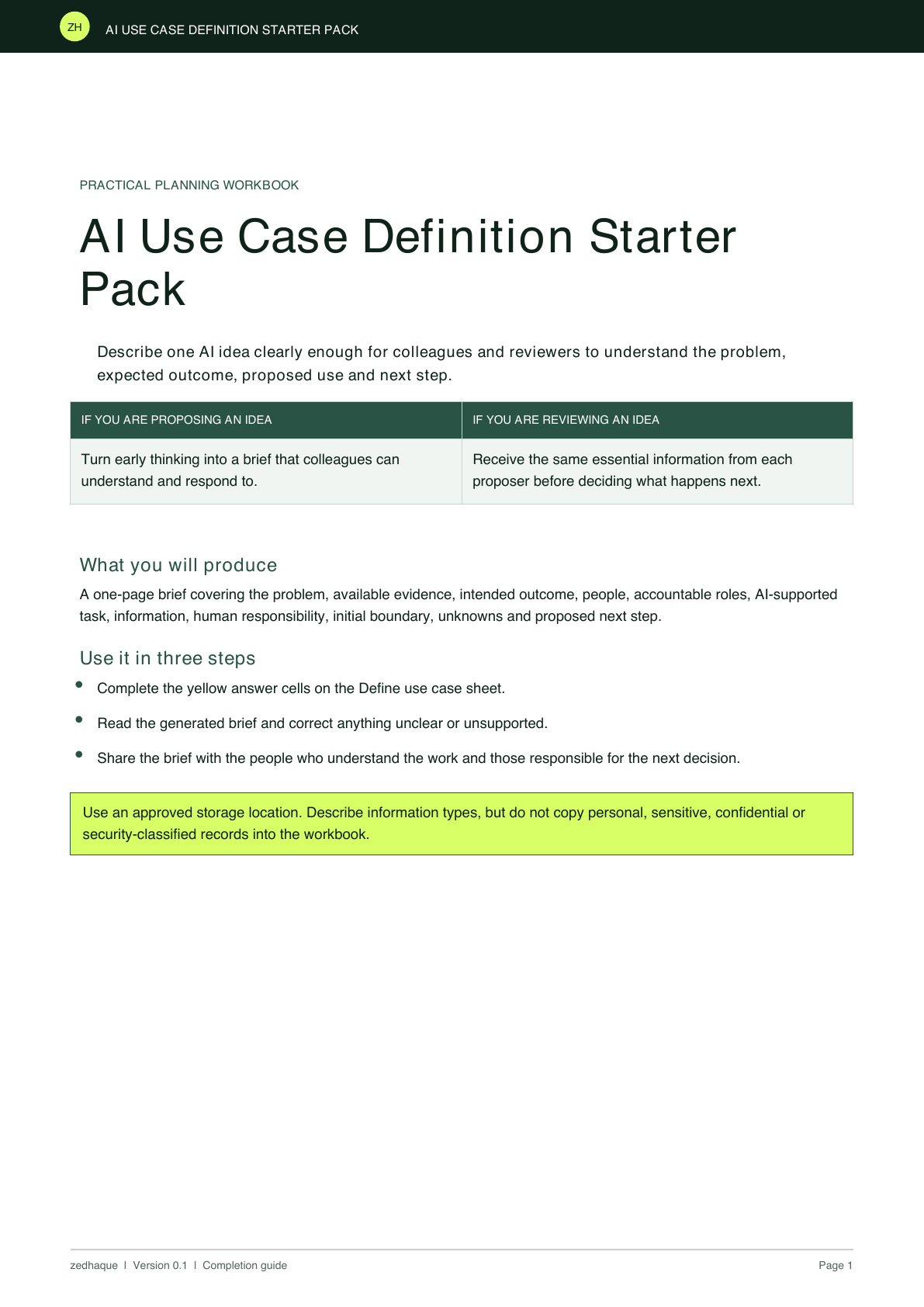 Cover page of the AI Use Case Definition Starter Pack completion guide