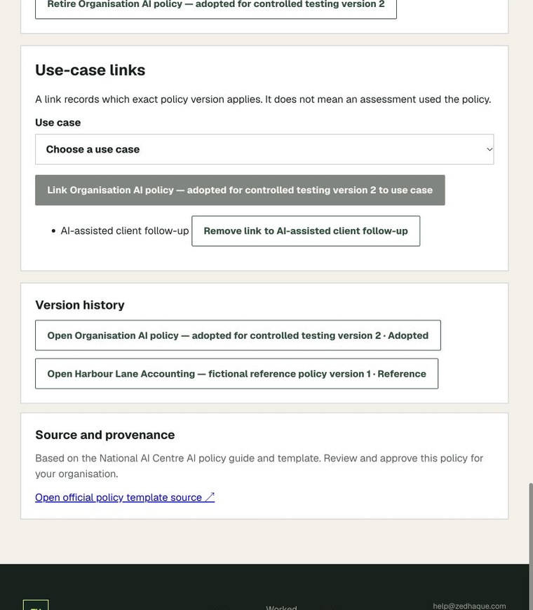 Saved Harbour Lane policy record with adopted version 2 and reference version 1